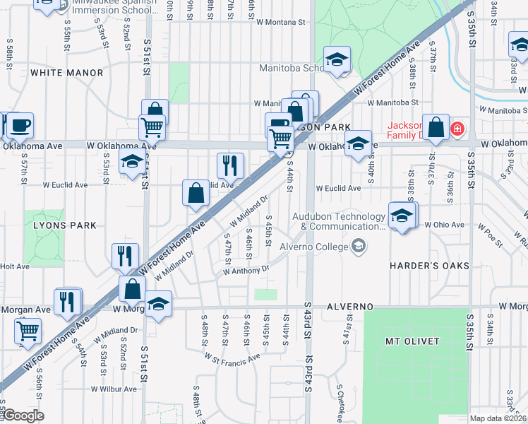 map of restaurants, bars, coffee shops, grocery stores, and more near 3251 South 45th Street in Greenfield