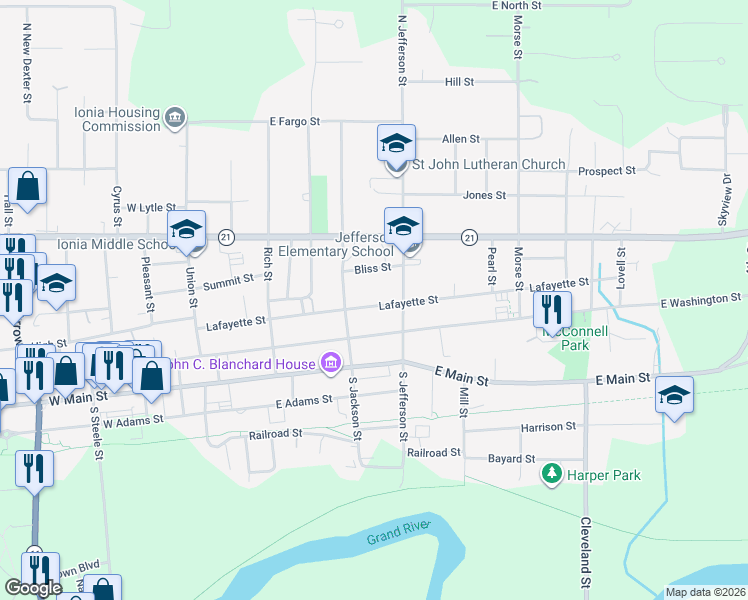map of restaurants, bars, coffee shops, grocery stores, and more near 328 Lafayette Street in Ionia