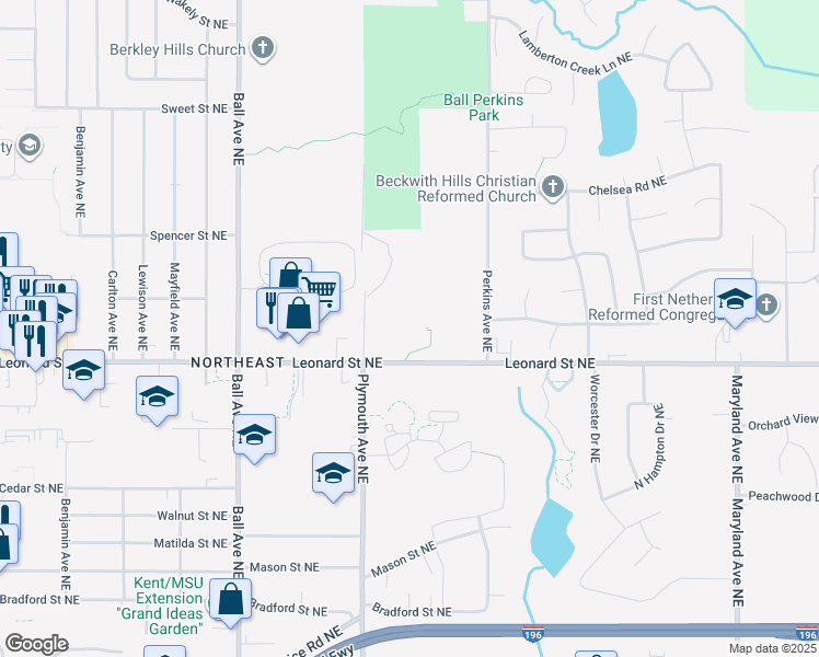 map of restaurants, bars, coffee shops, grocery stores, and more near 1855 Leonard Street Northeast in Grand Rapids