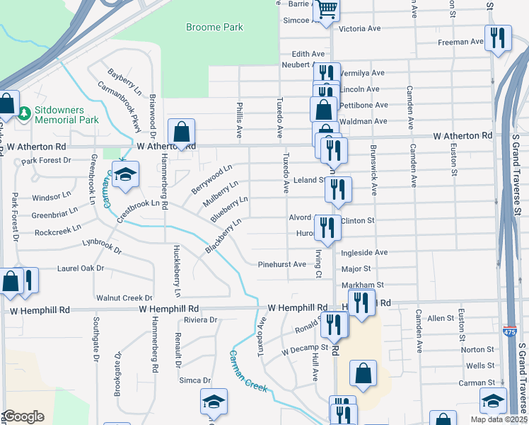 map of restaurants, bars, coffee shops, grocery stores, and more near 1232 Alvord Avenue in Flint