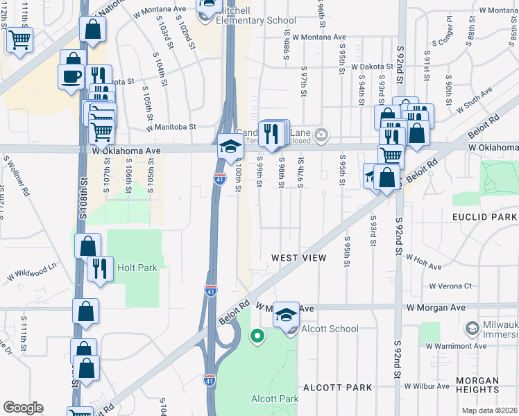 map of restaurants, bars, coffee shops, grocery stores, and more near 3263 South 99th Street in Milwaukee