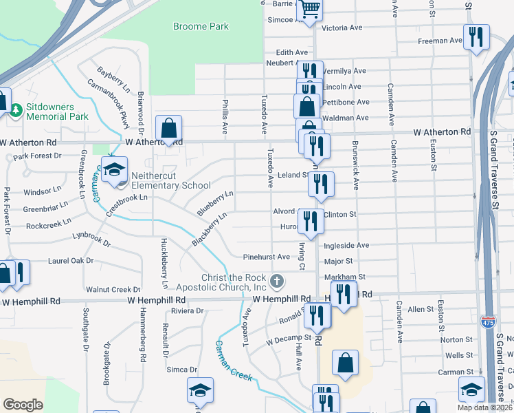 map of restaurants, bars, coffee shops, grocery stores, and more near 1220 Alvord Avenue in Flint