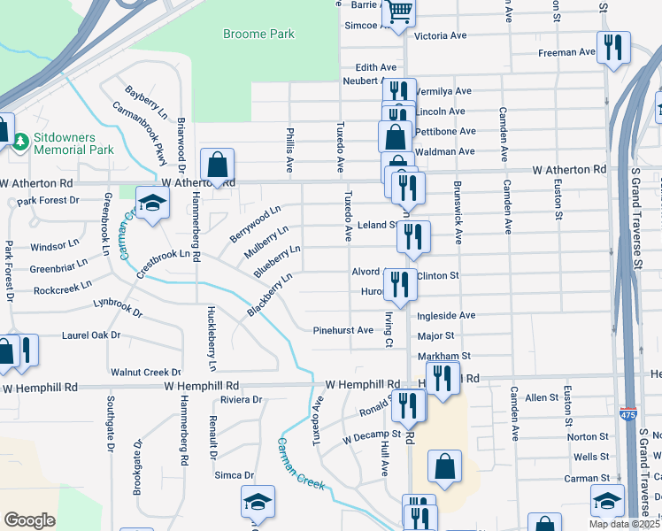 map of restaurants, bars, coffee shops, grocery stores, and more near 1232 Alvord Avenue in Flint
