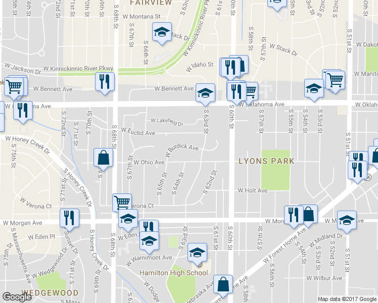 map of restaurants, bars, coffee shops, grocery stores, and more near 6335 West Burdick Avenue in Milwaukee