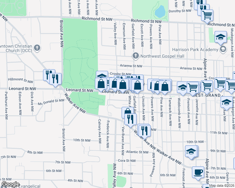 map of restaurants, bars, coffee shops, grocery stores, and more near 1260 Leonard Street Northwest in Grand Rapids