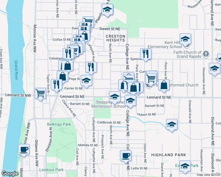 map of restaurants, bars, coffee shops, grocery stores, and more near Carrier Street Northeast in Grand Rapids