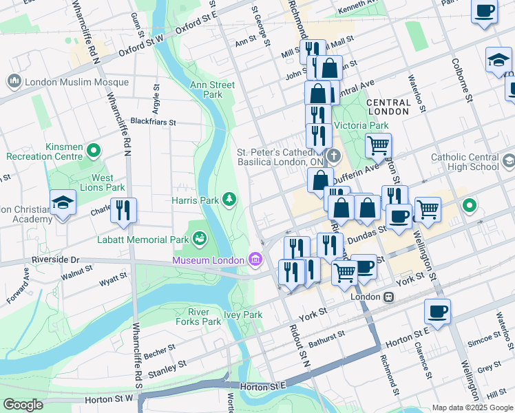 map of restaurants, bars, coffee shops, grocery stores, and more near 51 Dufferin Avenue in London