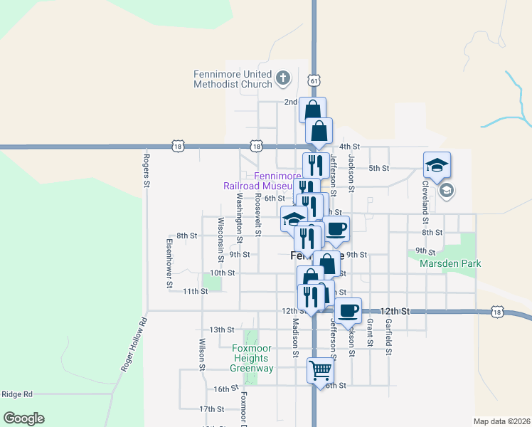 map of restaurants, bars, coffee shops, grocery stores, and more near 1460 7th Street in Fennimore