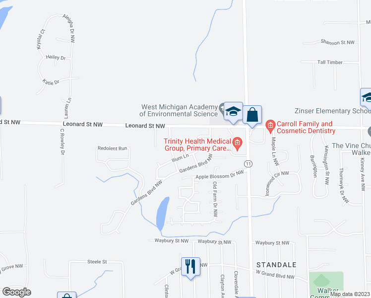 map of restaurants, bars, coffee shops, grocery stores, and more near 1124 Marvin Court Northwest in Walker