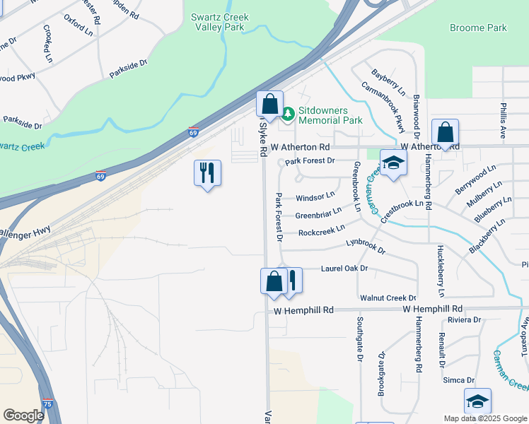 map of restaurants, bars, coffee shops, grocery stores, and more near 3248 Van Slyke Road in Flint