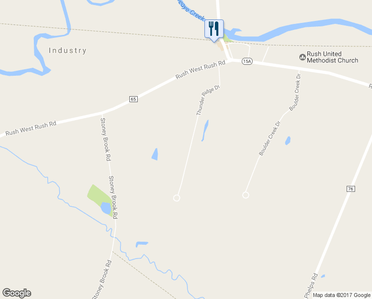 map of restaurants, bars, coffee shops, grocery stores, and more near 39 Thunder Ridge Drive in Rush