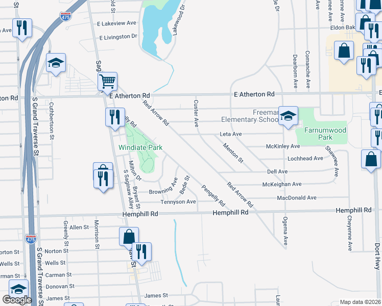 map of restaurants, bars, coffee shops, grocery stores, and more near 4202 Red Arrow Road in Flint