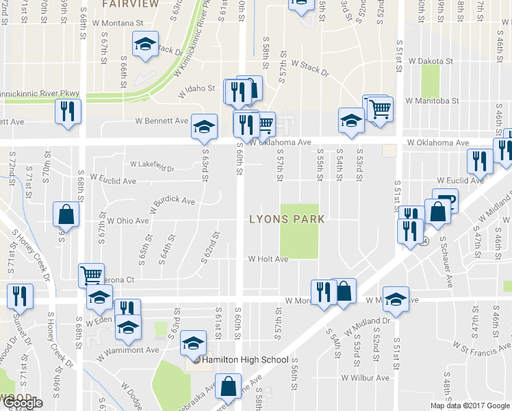map of restaurants, bars, coffee shops, grocery stores, and more near 3253 South 58th Street in Milwaukee