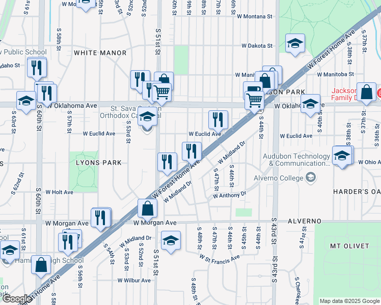 map of restaurants, bars, coffee shops, grocery stores, and more near 3250 South 49th Street in Milwaukee