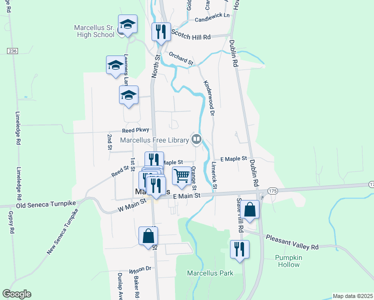 map of restaurants, bars, coffee shops, grocery stores, and more near 16 Chrisler Street in Marcellus