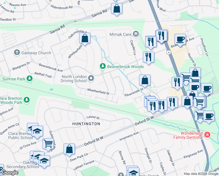 map of restaurants, bars, coffee shops, grocery stores, and more near 668 Oakcrossing Road in London