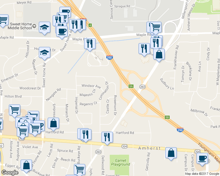 map of restaurants, bars, coffee shops, grocery stores, and more near 183 Coronation Drive in Buffalo