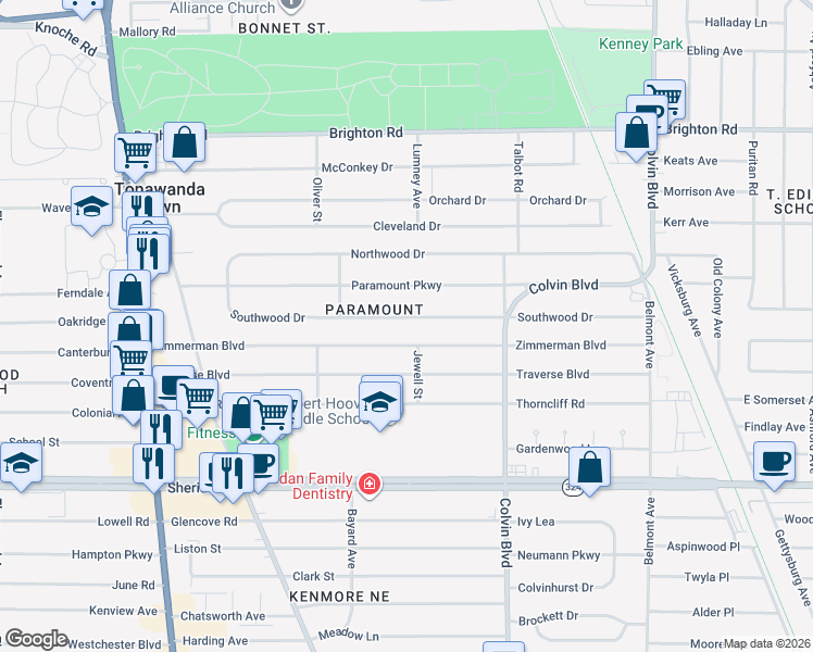 map of restaurants, bars, coffee shops, grocery stores, and more near 211 Southwood Drive in Buffalo