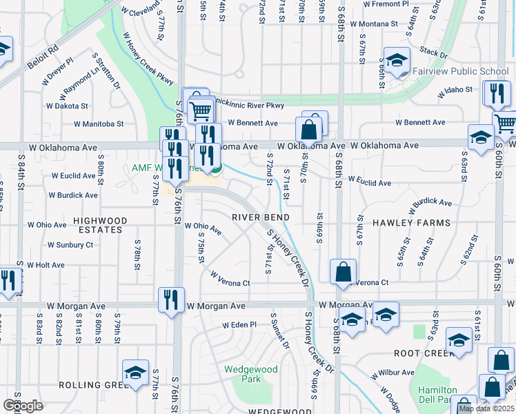 map of restaurants, bars, coffee shops, grocery stores, and more near 7229 West Honey Creek Drive in Milwaukee