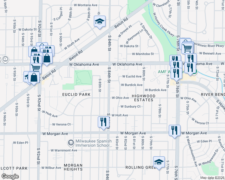 map of restaurants, bars, coffee shops, grocery stores, and more near 3248 South 84th Street in Milwaukee