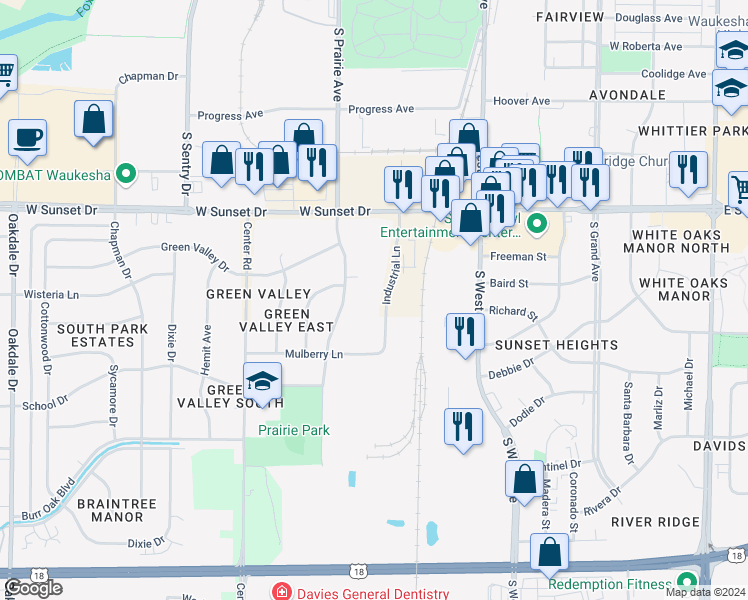 map of restaurants, bars, coffee shops, grocery stores, and more near W246S3255 Industrial Lane in Waukesha