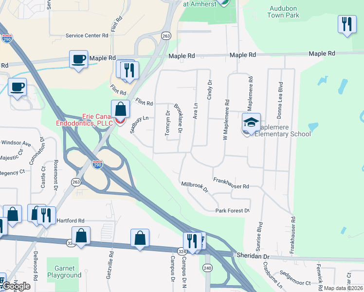map of restaurants, bars, coffee shops, grocery stores, and more near 29 Brooklane Drive in Buffalo