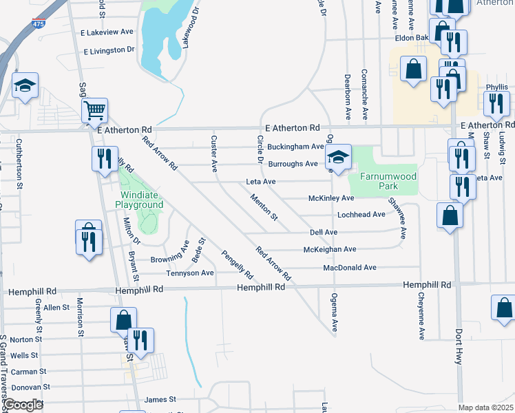 map of restaurants, bars, coffee shops, grocery stores, and more near 4202 Menton Street in Flint
