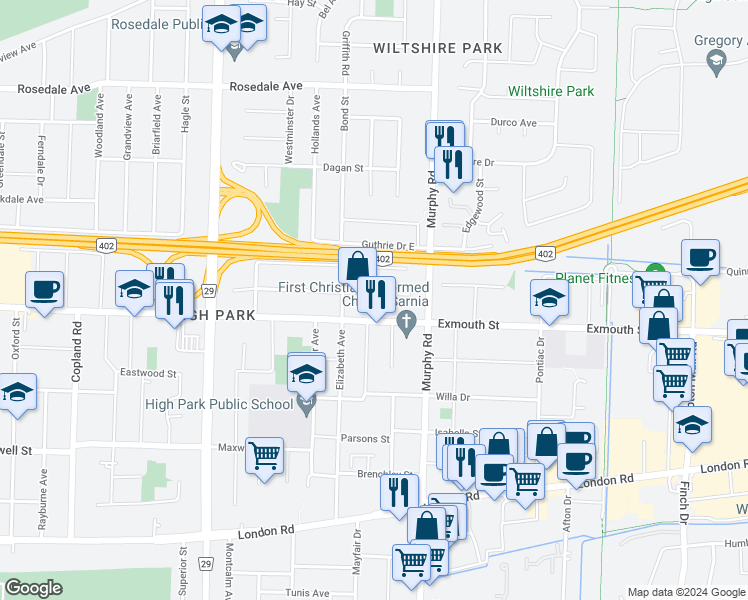 map of restaurants, bars, coffee shops, grocery stores, and more near 1063 Eastlawn Avenue in Sarnia
