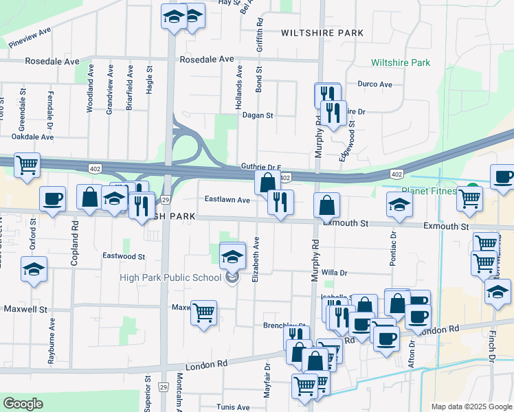 map of restaurants, bars, coffee shops, grocery stores, and more near 825 Elizabeth Avenue in Sarnia