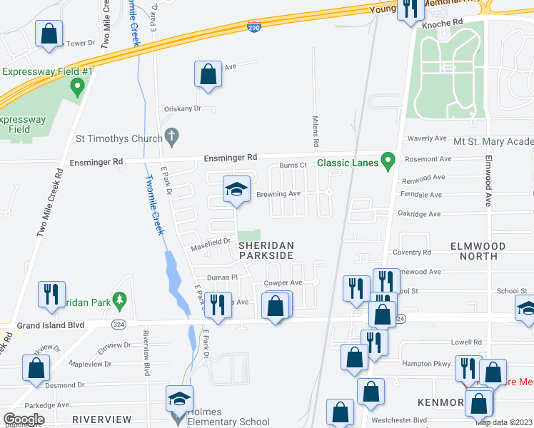 map of restaurants, bars, coffee shops, grocery stores, and more near 25-31 Blackmore Street in Tonawanda