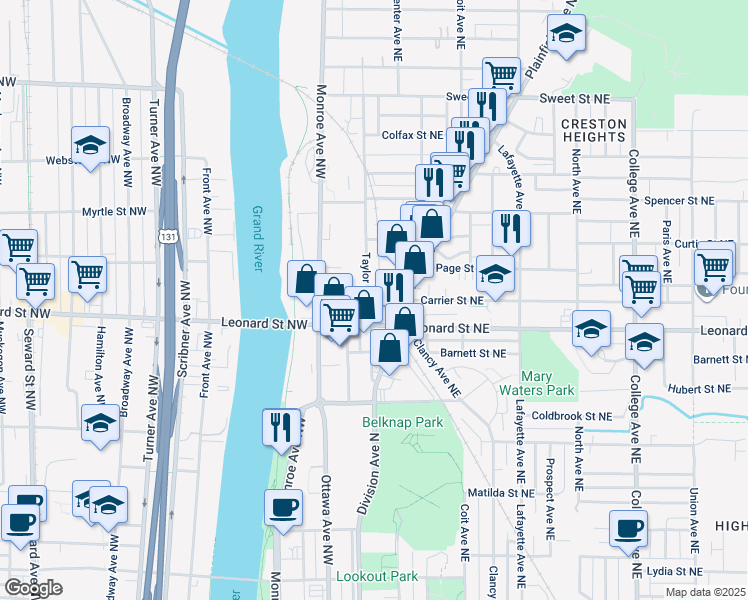 map of restaurants, bars, coffee shops, grocery stores, and more near 1228 Taylor Avenue North in Grand Rapids