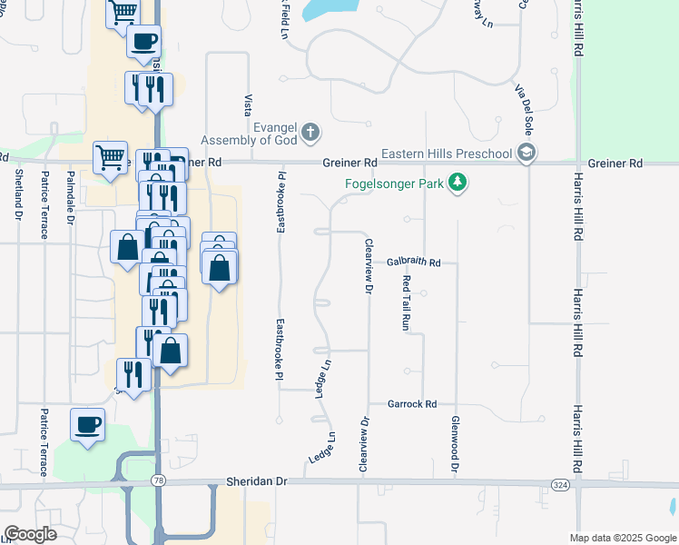map of restaurants, bars, coffee shops, grocery stores, and more near 5115 Ledge Lane in Buffalo