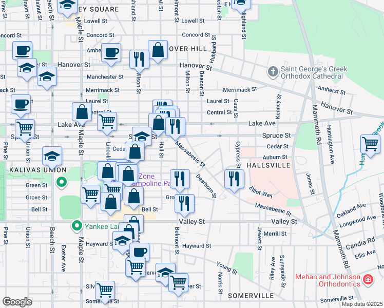map of restaurants, bars, coffee shops, grocery stores, and more near 160 Massabesic Street in Manchester