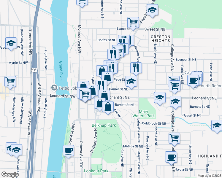 map of restaurants, bars, coffee shops, grocery stores, and more near 111 Carrier St NE in Grand Rapids