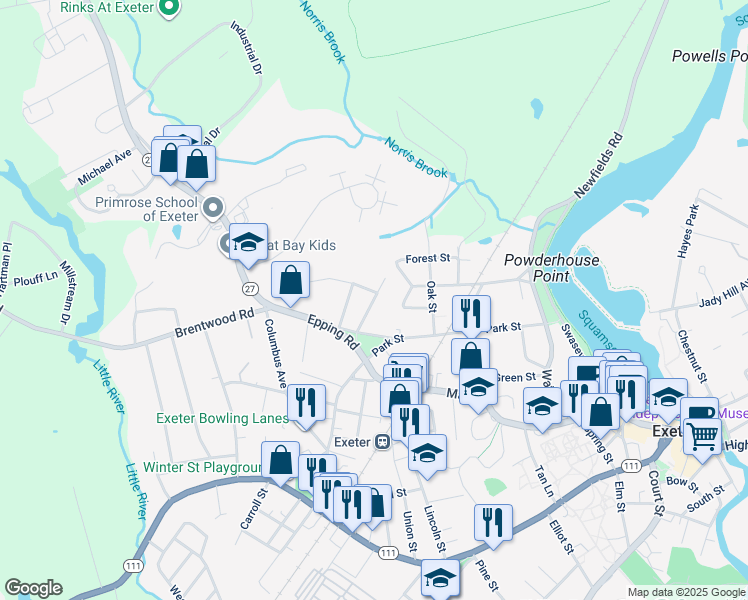 map of restaurants, bars, coffee shops, grocery stores, and more near 11 Locust Avenue in Exeter
