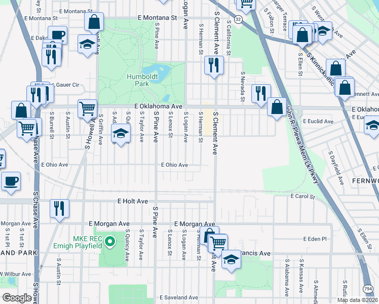 map of restaurants, bars, coffee shops, grocery stores, and more near 3244 South Logan Avenue in Milwaukee