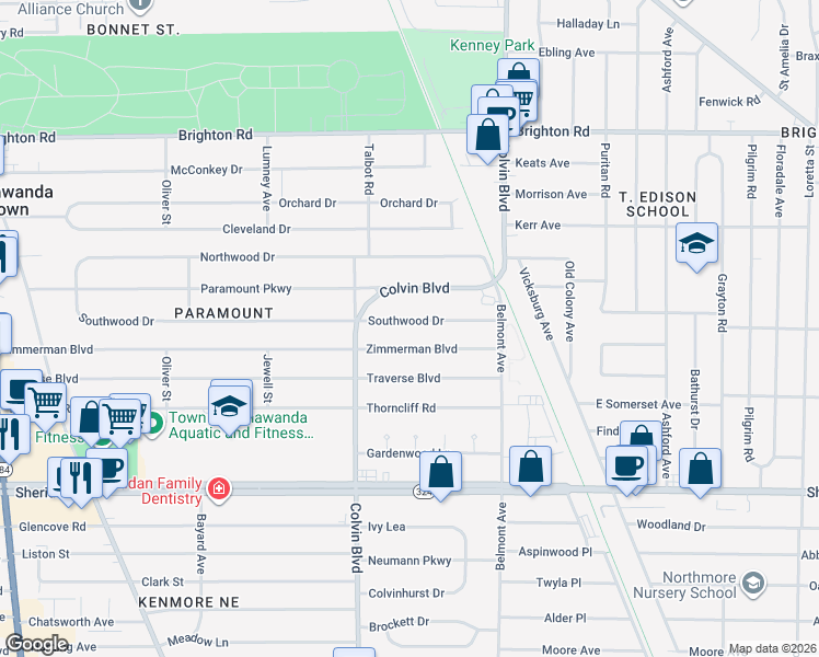 map of restaurants, bars, coffee shops, grocery stores, and more near 369 Southwood Drive in Buffalo