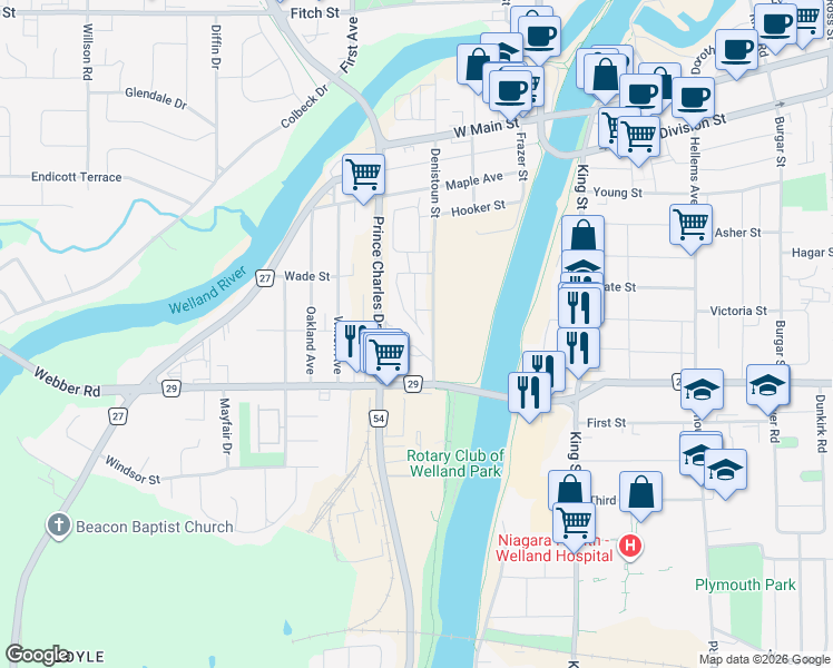 map of restaurants, bars, coffee shops, grocery stores, and more near 195 Denistoun Street in Welland