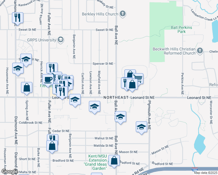 map of restaurants, bars, coffee shops, grocery stores, and more near 1234 Edith Northeast in Grand Rapids