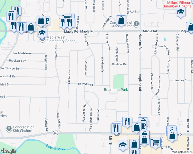 map of restaurants, bars, coffee shops, grocery stores, and more near 27 Exeter Road in Buffalo