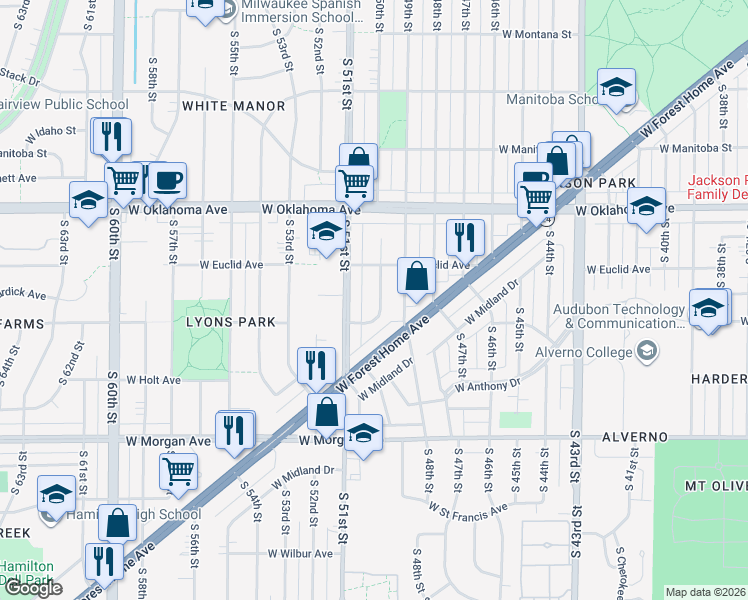 map of restaurants, bars, coffee shops, grocery stores, and more near 3251 South 50th Street in Milwaukee