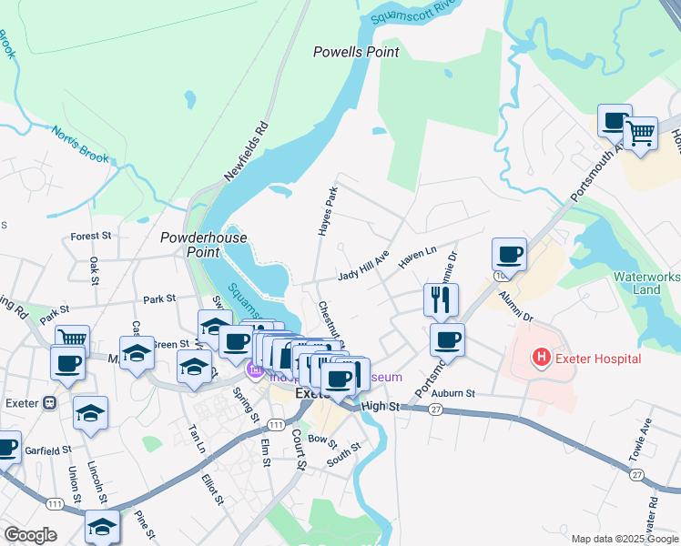 map of restaurants, bars, coffee shops, grocery stores, and more near 30 Jady Hill Avenue in Exeter