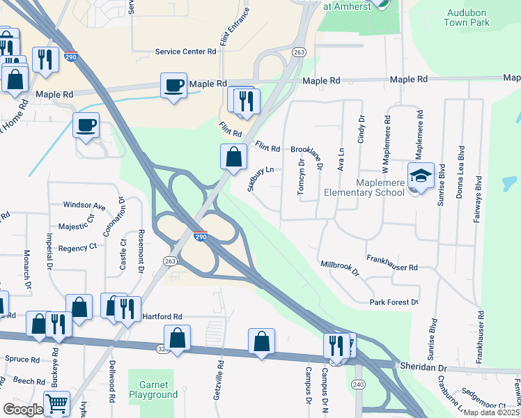map of restaurants, bars, coffee shops, grocery stores, and more near 1319 Millersport Highway in Buffalo