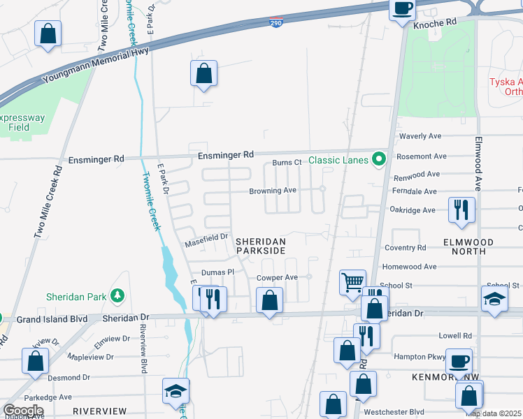 map of restaurants, bars, coffee shops, grocery stores, and more near 25-31 Blackmore Street in Tonawanda