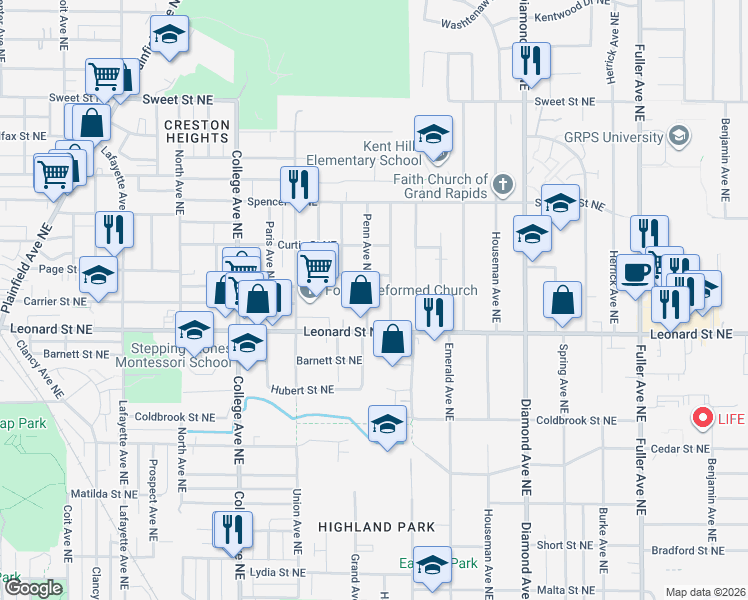 map of restaurants, bars, coffee shops, grocery stores, and more near 1230 Penn Avenue Northeast in Grand Rapids