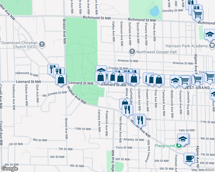 map of restaurants, bars, coffee shops, grocery stores, and more near 1314 Leonard Street Northwest in Grand Rapids