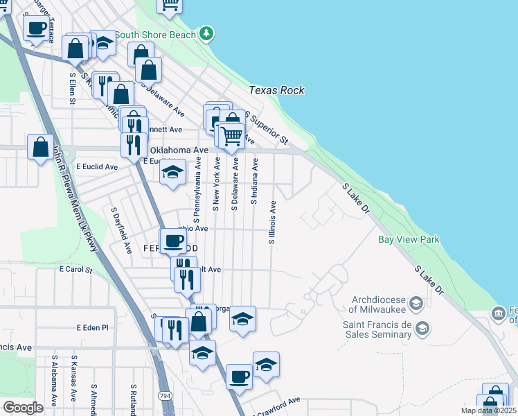 map of restaurants, bars, coffee shops, grocery stores, and more near 3247 South Indiana Avenue in Milwaukee