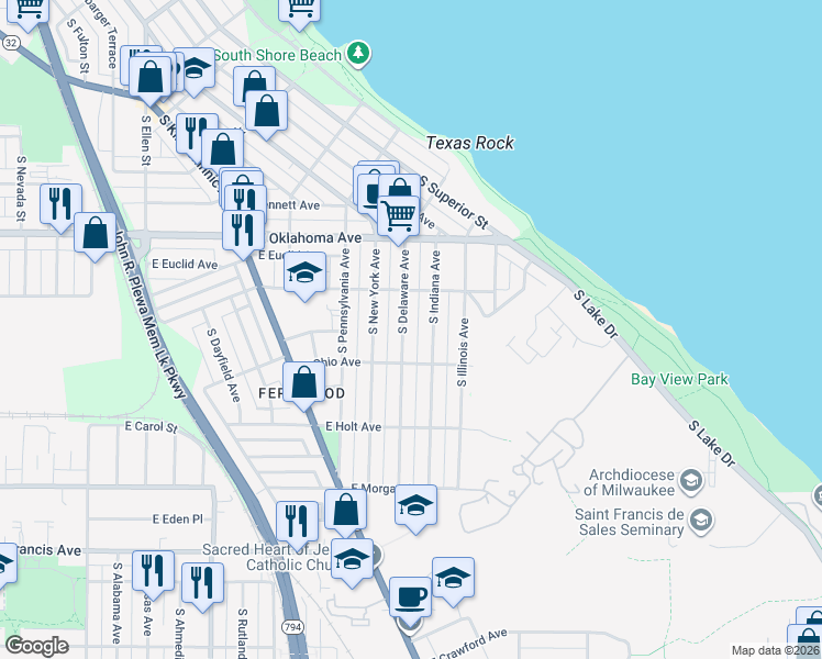 map of restaurants, bars, coffee shops, grocery stores, and more near 3247 South Delaware Avenue in Milwaukee