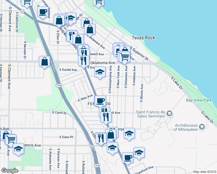 map of restaurants, bars, coffee shops, grocery stores, and more near 3252 South Pennsylvania Avenue in Milwaukee