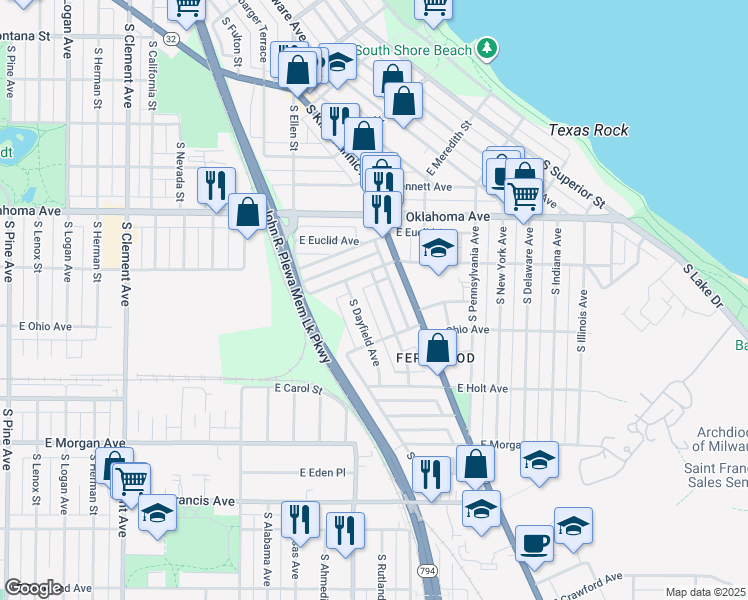 map of restaurants, bars, coffee shops, grocery stores, and more near 3239 South Springfield Avenue in Milwaukee